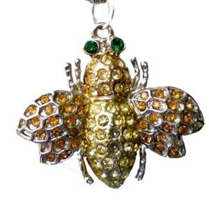 GOLDTONE YELLOW GREEN FACETED PAVE SET CRYSTAL HONEY BEE PENDANT NECKLACE